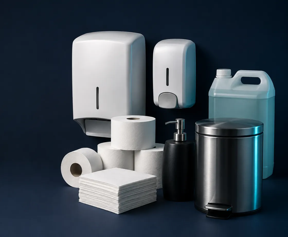 The Hygenia range: paper and soap dispensers, jumbo toilet rolls, folded hand towels, a 5 litre soap drum and a stainless sanitary bin.